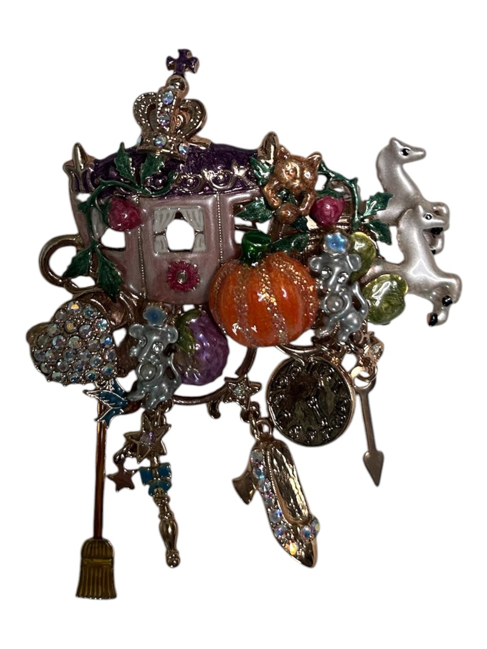 Kirks Folly Cinderella Multicolor Enamel Carriage Brooch with Pumpkin and Charms